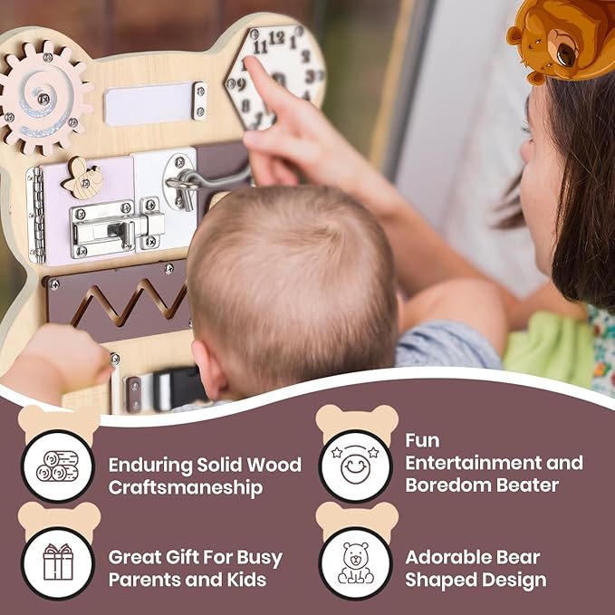 Busy Board Bear for Toddlers 1-3, Montessori Sensory Board - Busy Boards, Montessori Toys for Kid’s Development with 11 Activities: Numbers, Keys, Locks, Latches, Zipper, and Velcro