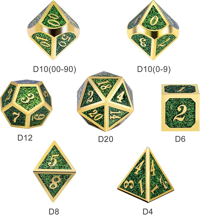 DNDND Metal Dice Set D&D,Glitter Green Heavy DND Dice with Free Metal Case for Role Playing Games Dungeons and Dragons