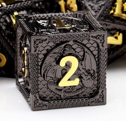 Haxtec Metal DND Dice Set Black Gold Metal D&D Dice with Fire-Breathing Dragon Elements & Leather Dice Bag Polyhedral Dice for Dungeons and Dragons TTRPG Gifts…