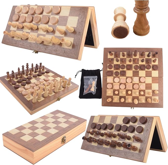 12" Folding Magnetic Wooden Chess Set – Travel-Friendly Portable Board Game with Staunton Pieces and Secure Storage Handcrafted Design for Home School and Outdoor Play Ages.