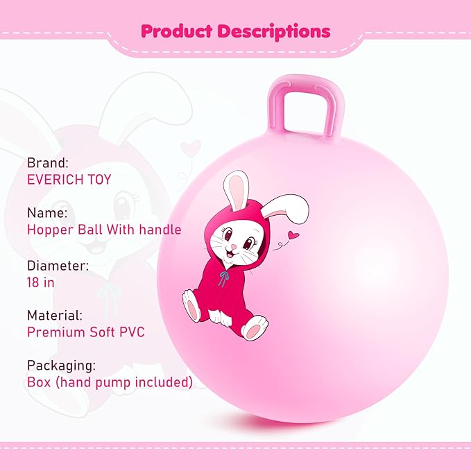 EVERICH TOY Hopper Ball, Pink Bunny Hopping Toys for Kids, 18 Inch Bouncy Ball with Handle, Indoor Outdoor Inflatable Hoppity Hop Toys for Girls Boys Gift with Pump