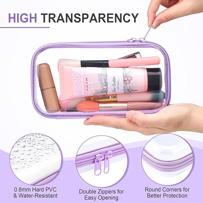 Hoolerry 4 Pcs Hard Clear Zipper Case Transparent Cases for Snacks Makeup Bag Plastic Storage Box Containers for Building Blocks, Puzzles, Cosmetics(Purple,7.5 x 3.9 x 2 in)