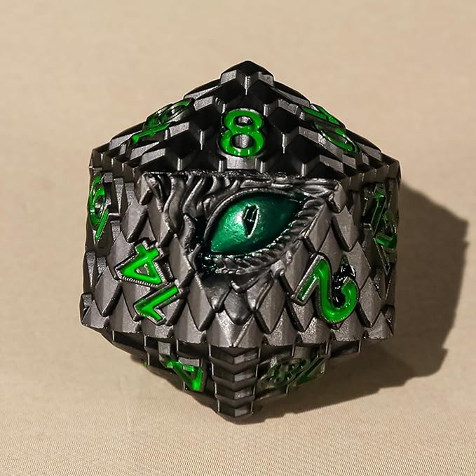 Metal Dice Set D&D,7 PCS Dragon Scale Metallic DND Dice Set,Dragon Eye Metal Dice with Grogeous Gift Case for Dungeons and Dragon Tabletop Game (Black Dragon Scale & Green Eye)