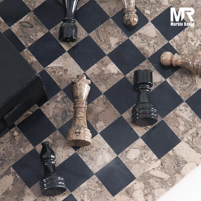 Marble Chess Set 15 Inch Handmade Oceanic & Black Board Game with Storage Box, Classic Travel Chess Set for Adults with Pieces & 2 Extra Queens, Elegant Gift & Home Décor