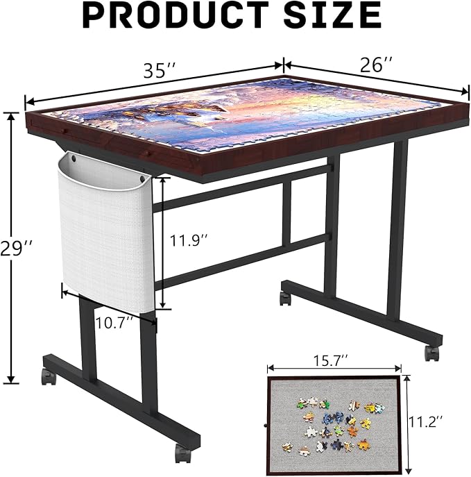 Jigsaw Puzzle Table 1500pcs with Legs and Storage Pocket,5 Adjustable Up Level Puzzle Tables for Adults with Drawers and Wheels,Board Game Table,Coffee Color