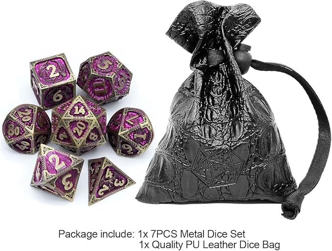 Haxtec Metal Dice Set Purple Black Dragon Pattern Metal DND Dice with Leather Dice Bag Polyhedral D&D Dice for Dungeons and Dragons TTRPG Gifts