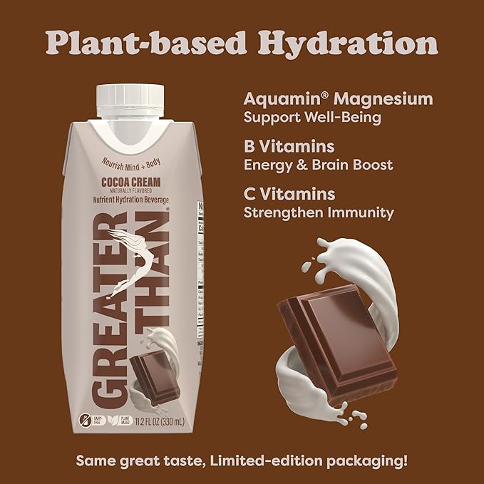 Greater Than Nutrient Hydration Beverage, Electrolyte Drink for Gut Health & Energy with Coconut Water, Vitamins, Gluten Free, Plant Based, Low Sugar, Cocoa Cream, 12 Pack
