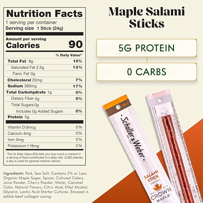 Schaller & Weber Crown Maple Salami Sticks, 0.85 Oz (Pack of 20) | Smoked Salami with Crown Maple Syrup | German Style Smoked Sausage Sticks | Gluten Free Protein Snack
