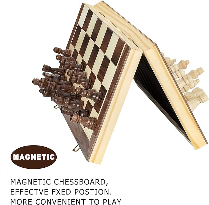 AMEROUS 15 Inches Magnetic Wooden Chess Set - 2 Extra Queens - Folding Board - Pieces Storage Slots, Handmade Portable Travel Chess Game - Beginner Chess Set for Kids, 6 up Age