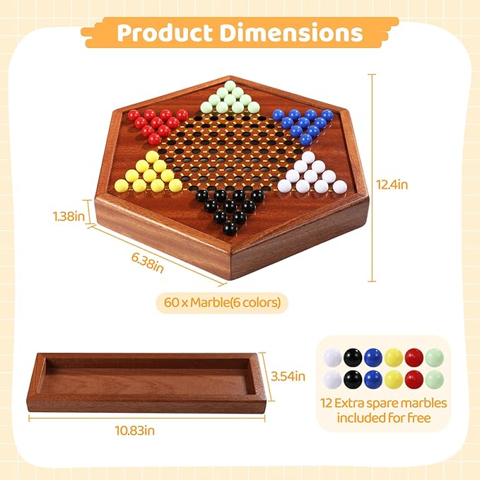 Chinese Checkers Board Game, 100% Natural Quality Wood 12-Inch Chinese Checker Board Game with 72 Marbles & Storage Drawer, Strategic Board Game Kit Birthday Gift