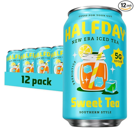 HALFDAY Prebiotic Sweet Tea Iced Tea Cans, Supports Digestive & Gut Health, 6g Plant Fiber & Prebiotics, 5g of Sugar, 35 Calories, Organic Tea, Natural Caffeine, Gluten Free, Keto, 12 fl oz (12 pack)