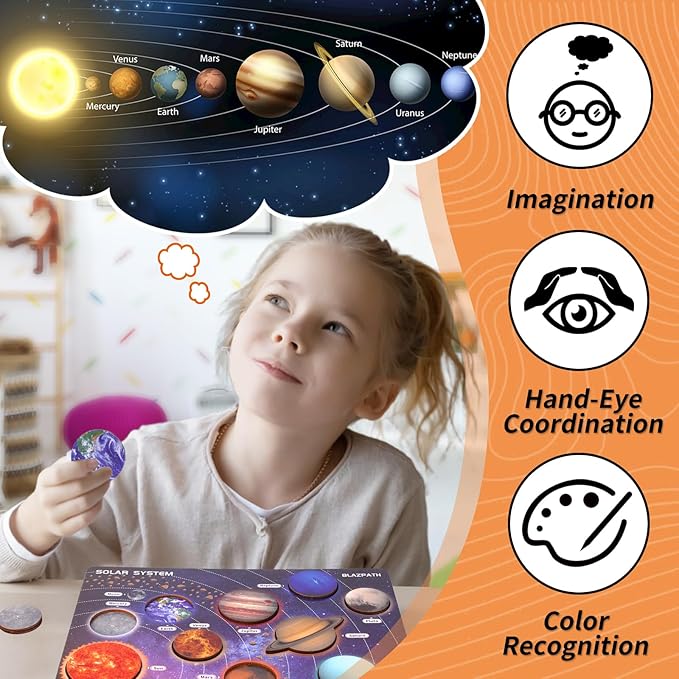 Solar System Wooden Puzzle Toy Model for Kid 3-5, Toddler Montessori Movable Planet Name Board Game, Outer Space Themed Imaginary Sensory Play Gift, Preschool Science Stem Learning Activity