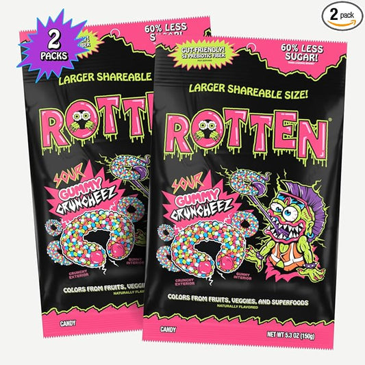 Rotten Sour Gummy Cruncheez - Low Sugar, Low Calorie, 5g Gut-Friendly Prebiotic Fiber, Gluten Free Candy, No Artificial Dyes - 5.3 oz Share Pack [2 Pack]