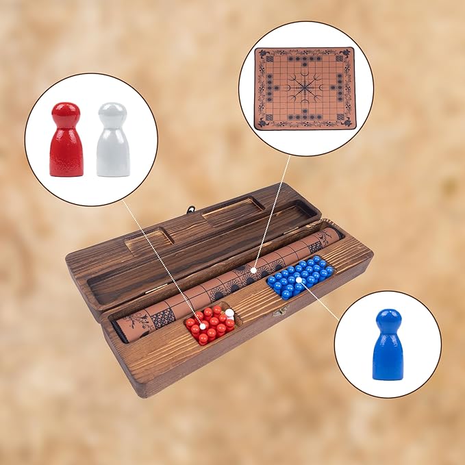 Hnefatafl Viking Chess Board Set,Two Player Strategy Board Game with A Wooden Storage Box, A Rubber Viking Chess Mat and 37pcs Colorful Chess Pieces