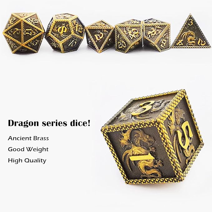 HAOMEJA DND Metal Dice Dragon Set 7 Role Playing Dice D&D Solid Dice Dungeons and Dragons (Ancient Brass)