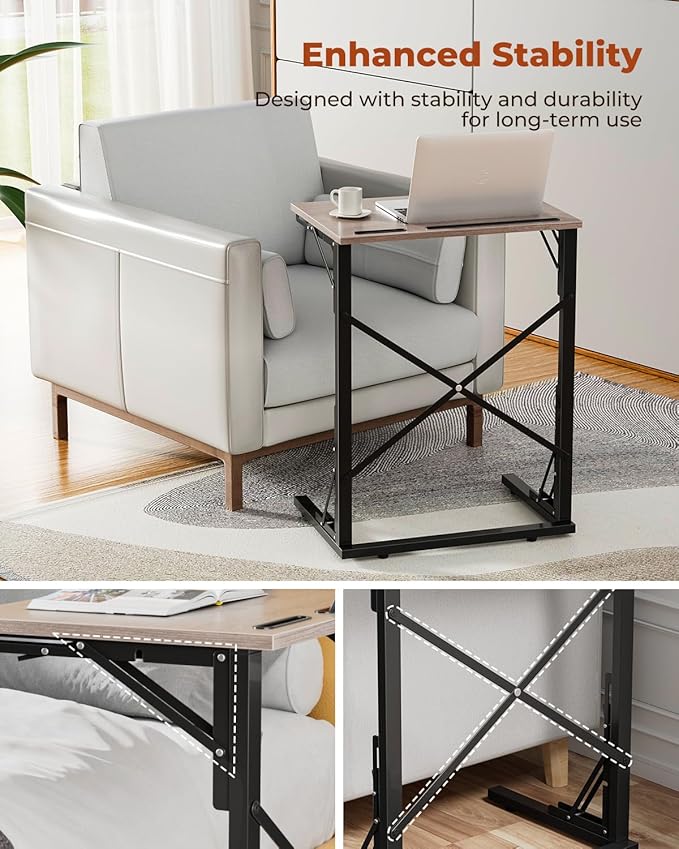 21''Wx28''H Folding TV Tray for Eating, Small Foldable C-Shaped Tray Table with Tablet and Phone Slots, Slide Under Couch Side Table for Recliner, Living Room, Bedroom, Greige