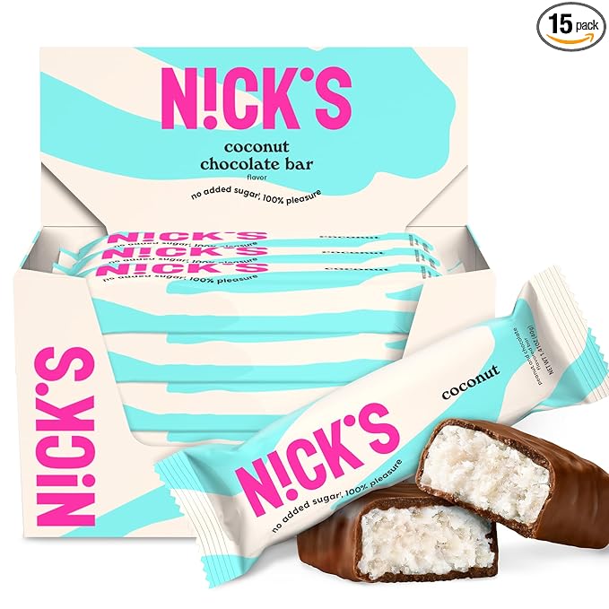 NICK'S Keto Chocolate Candy Bars – Coconut, No Added Sugar, Low Carb Snack with 3g Net Carbs, 180 Calories, Gluten-Free Sweets – 15-Pack (40g Each)