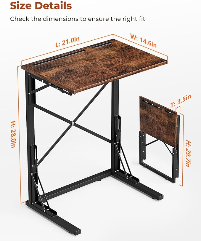 21''Wx28''H Folding TV Tray Set of 2, Small Foldable C-Shaped Tray Table for Eating with Tablet and Phone Slots, Slide Under Couch Side Table for Recliner, Living Room, Bedroom, Rustic Brown