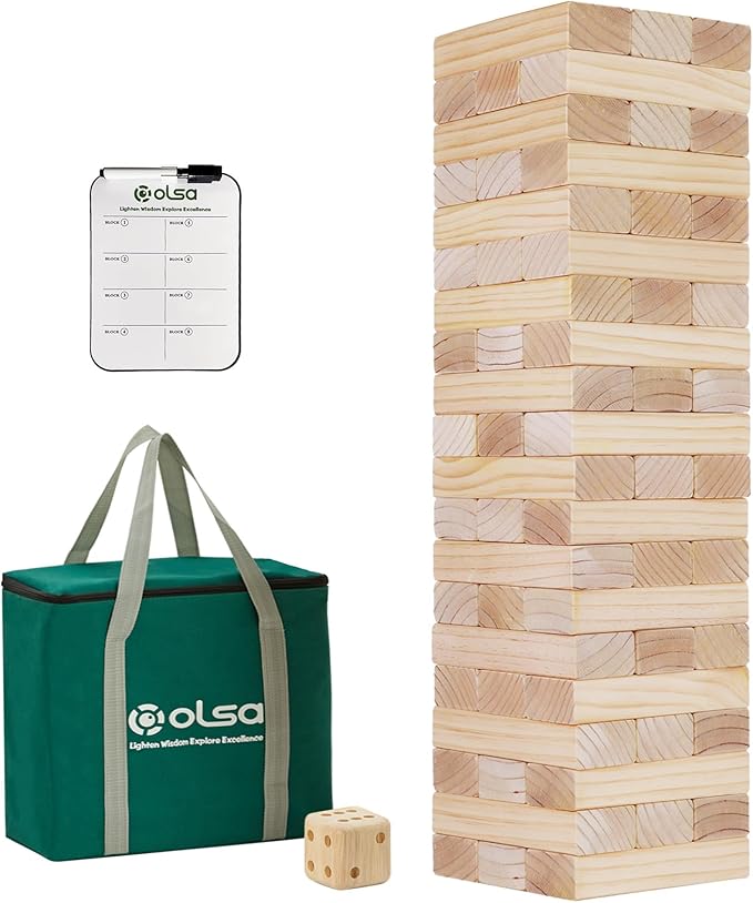 Olsa Jumbo Tumble Tower Outdoor Games 60pcs Large Blocks Stacking Lawn Yard Game for Kids Adults Family Stack to Over 5FT Giant Family Party Games for Holiday