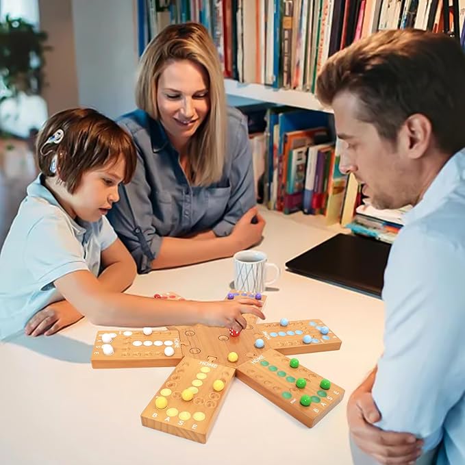 Marble Board Game, Wooden Board Game for 4 and 6 Players, Portable Original Marble Game with 24 Marbles 12 Dice for Family Friends Party Game Night