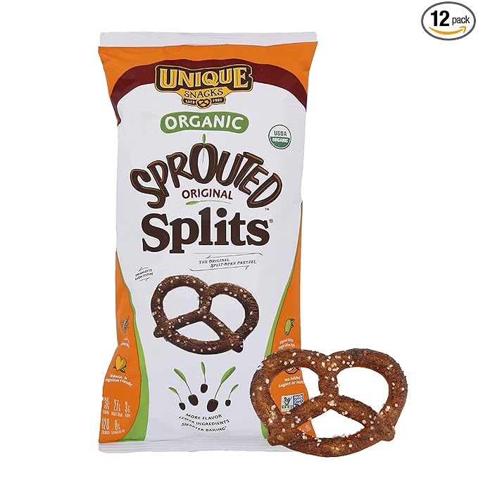Unique Snacks Sprouted Splits Pretzels, Sprouted Pretzels, Delicious Homestyle Baked Snack Bag, OU Kosher, and Non-GMO Food, No Artificial Flavor, 8 Oz. Bag, Pack of 12
