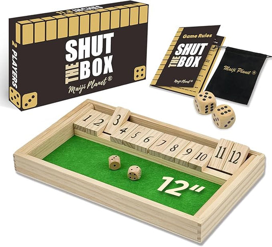 Shut The Box for 1 2 More Player Math Family Game Night Quick Dice Game for Party Camp Bar Travel Class School Wooden Classic Table Top Board Game Adult Kid Couple Elder 12" 12 Numbers