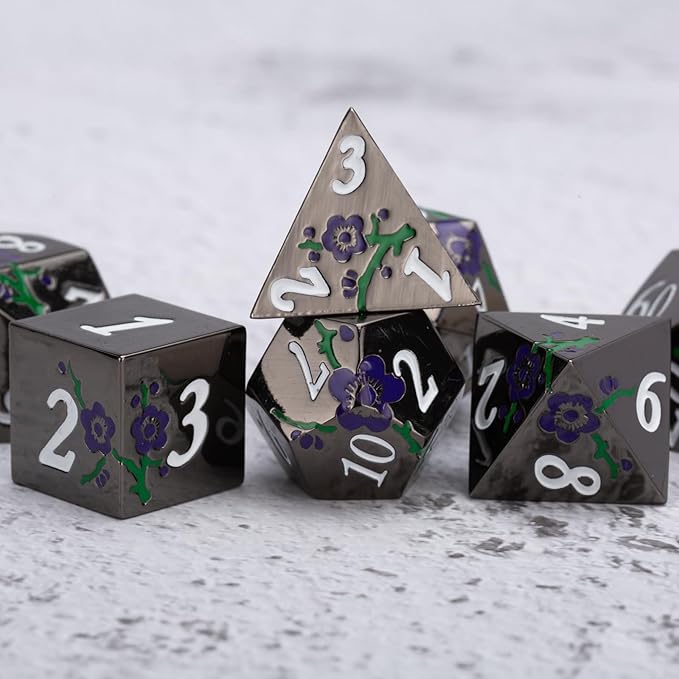 Black Metal Dice Set D&D,7pcs RPG Metal Flower Dice Set with Gift Box,RPG Polyhedral Metal Dice for Table Game(Black Nickel - Purple Green)