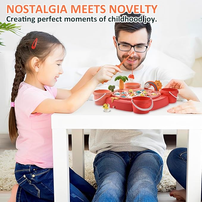 Magnetic Fishing Game Set - 21 Fish and 6 Poles, Rotating Toddler Board Games with Music Switch, Fine Motor Skills Fishing Toys for Kids and Toddlers 3 4 5 6 7 8 and Up