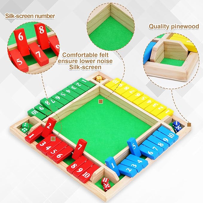 1-4 Players 12IN Large Shut The Box Dice Game, 10 Numbers Traditional Wooden Pub Bar Board Family Table Mat Game Dice for Kids and Adults