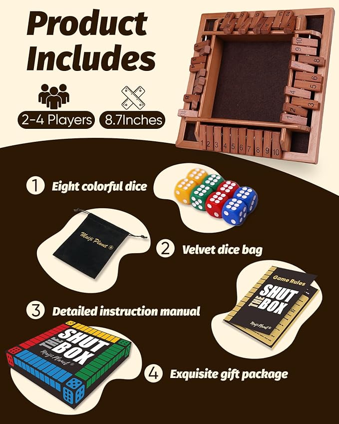 Shut The Box for 2 4 Players Math Family Game Night Quick Dice Game for Party Camp Bar Travel Class School Wooden Classic Table Top Board Game for Adults Kids Couple Elder 8.7" Portable