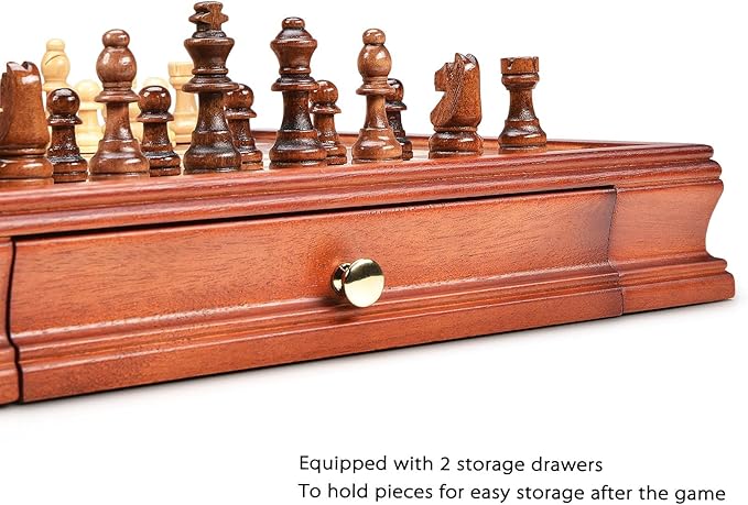 AMEROUS 12.8'' Magnetic Wooden Chess Set / 2 Built-in Storage Drawers / 2 Extra Queen/Gift Package/Chess Rules/Classics Strategy Board Games Chess Sets for Kids and Adults