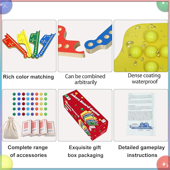 Colorful Jokers and Marbles Board Game Pegs and Jokers Card Game for 2-8 Players 8 Solid Wood Game Boards 4 Colors 40 Marbles 4 Decks of Cards Full Size Game Set
