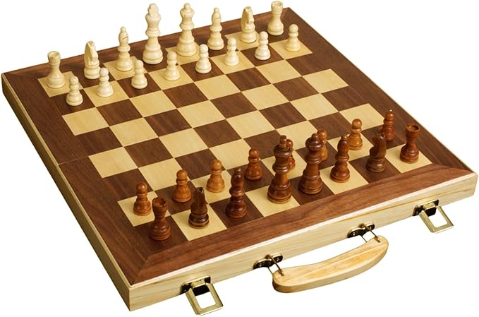 Sterling Games 16" Solid Wooden Chess Set Travel Folding Board with Brass Locks and Felted Interior Storage with Piece Holders
