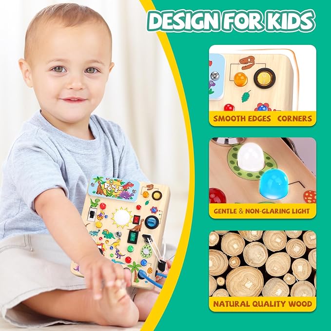 Dinosaur Busy Board, Wooden Toddler Toy, Sensory Travel Toy, Ideal Gift for 1-3 Years Old Boys (Dinosaur Busy Board Plus V2), Blue