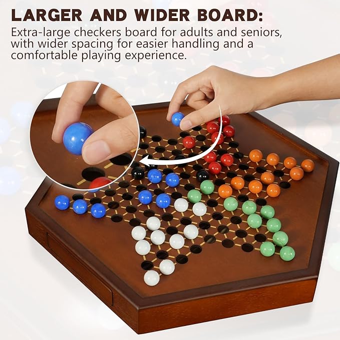 15" Large Upgraded Wooden Chinese Checkers Game Board – Premium 16mm Glass Marbles (60 + 12 Extras), Easy Grip, Storage Drawer, Ideal Multi-Player Puzzle Game for 2-6 Players