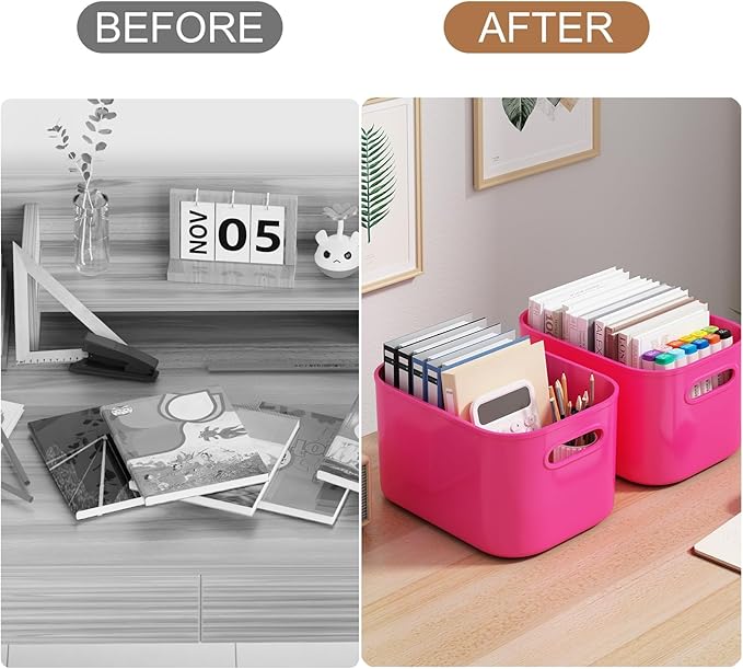 8 Pack Pink Storage Bins with Lids Stackable Storage Container for Organizing, Storage Boxes with Handle for Shelves, Cute Storage Bin for Craft, Snacks, 9.85x6.9x5.7 inch