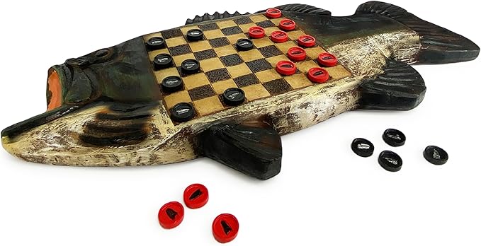 Rivers Edge Products Checkerboard Set for Cabin or Lodge, Rustic Checker Board Games for Adults, Tabletop 2 Players Game, Living Room Decor or Home Office Decor, Bass