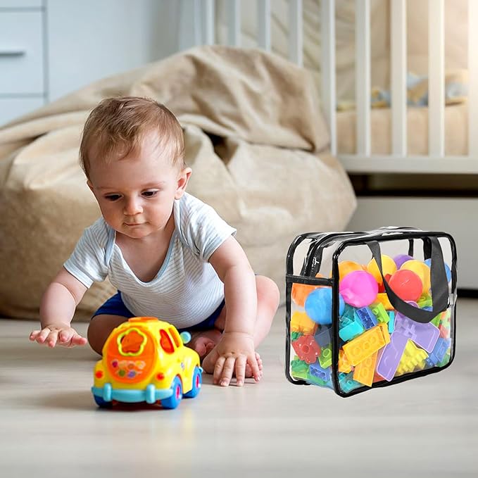 9 Pcs Toy Storage Bags, Clear PVC Toy Organizer Bag Include 6Pcs Large Handheld and 3Pcs Medium Zipper Bags with Labels for Organizing Board Game, Building Blocks (Black)