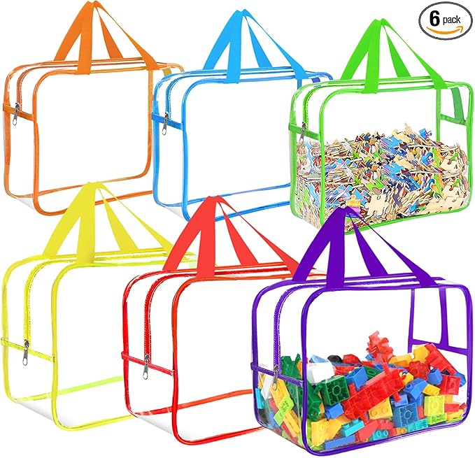 6 Colors Large Toy Storage Bags with Labels, Reusable Clear PVC Board Game Storage, Travel Waterproof Organizer Bags with Zipper for Building Blocks, Puzzle, Kids Books(3 large & 3 Extra Large)