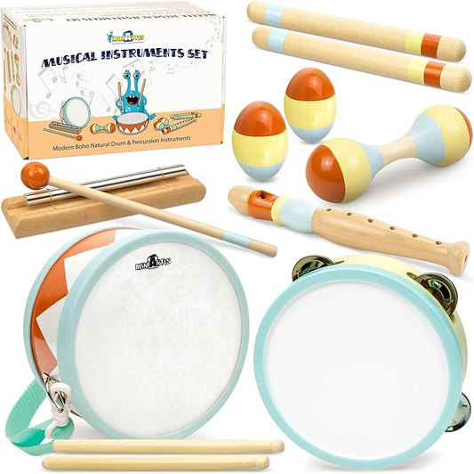 MINIARTIS Toddler Musical Instruments - Montessori Musical Toys for Toddlers 1-3 | Modern Boho Baby Drum Set with Neutral Colors Wooden Percussion Instruments | Kids Preschool Educational 3+