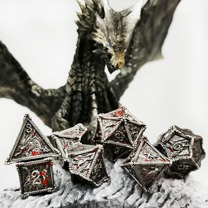 HAOMEJA Metal Dragon Dice Set DND 7 Set Dice Role Playing Dice D&D Dungeons and Dragons (Blood Silver)