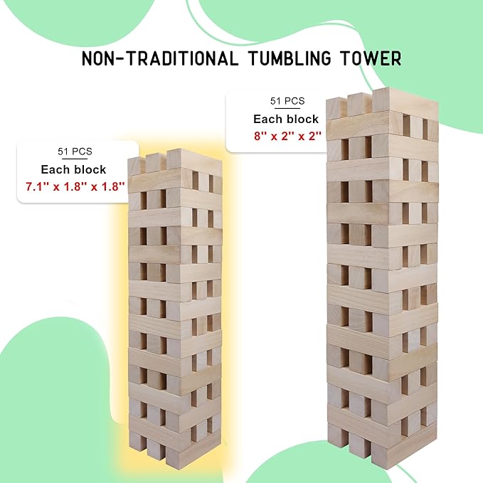 GOTHINK Giant Tumbling Tower Game, Super Large 51pcs Wooden Blocks Stacking Game, Stack to Over 5 Feet, with Carry Bag, Jumbo Blocks Outdoor Indoor Game Toy Gift for Kids and Adults