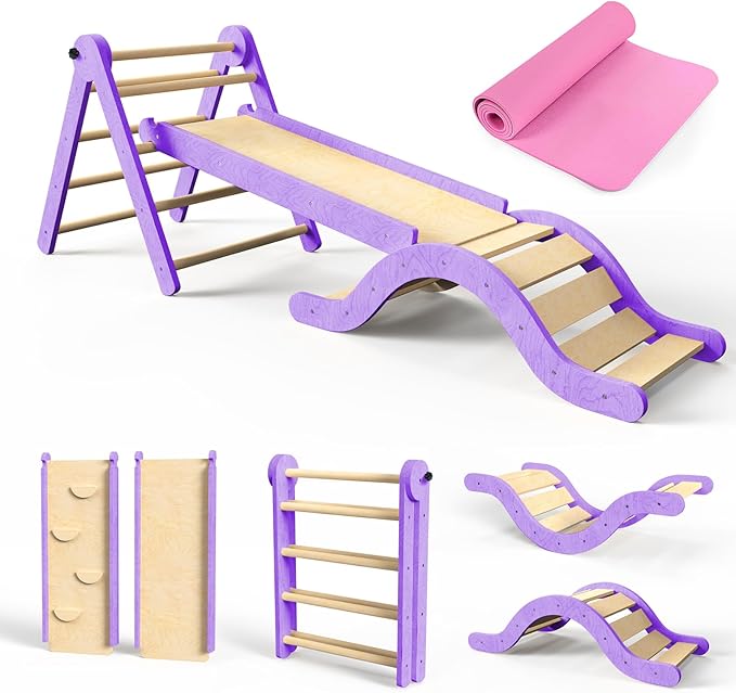 Pikler Triangle Set 7in1 Toddler Climbing Toys Indoor Foldable Baby Climbing Toys Wooden Montessori Climbing Set with Arch, Ramp, Ladder for 1-3 Years, Jungle Gym for Kids (Purple)