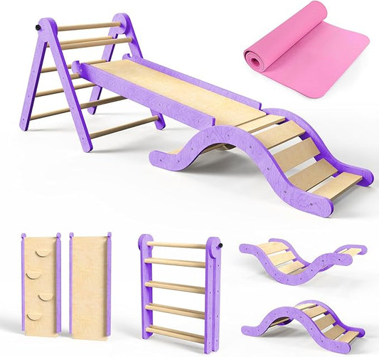Pikler Triangle Set 7in1 Toddler Climbing Toys Indoor Foldable Baby Climbing Toys Wooden Montessori Climbing Set with Arch, Ramp, Ladder for 1-3 Years, Jungle Gym for Kids (Purple)