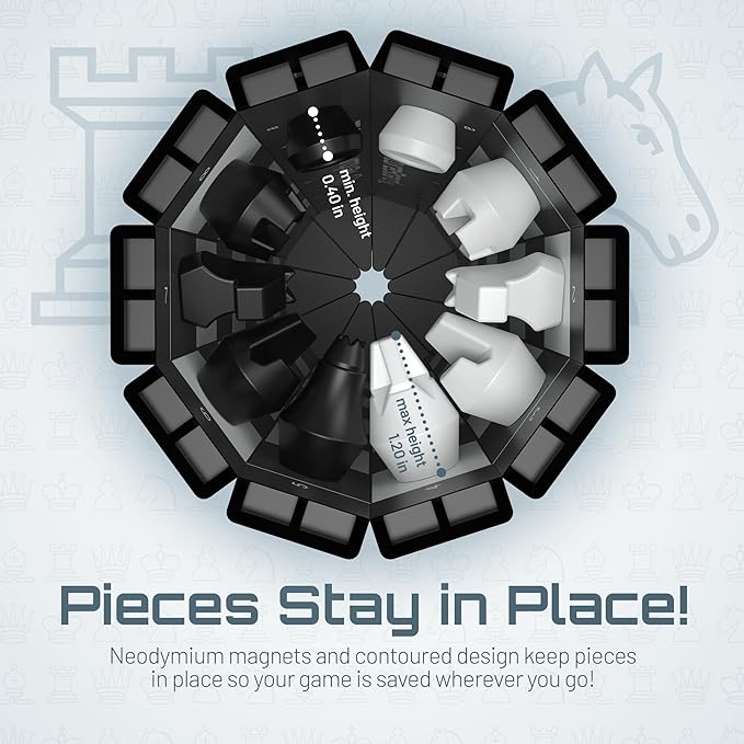XL Full-Size 10 Inches Magnetic Unique Chess Set Board Game - Folding Board, Travel Chess Board Game Pieces - (Black/Grey)