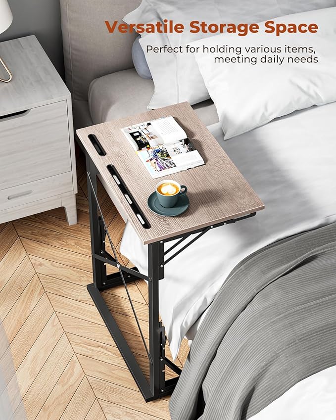 21''Wx28''H Folding TV Tray for Eating, Small Foldable C-Shaped Tray Table with Tablet and Phone Slots, Slide Under Couch Side Table for Recliner, Living Room, Bedroom, Greige