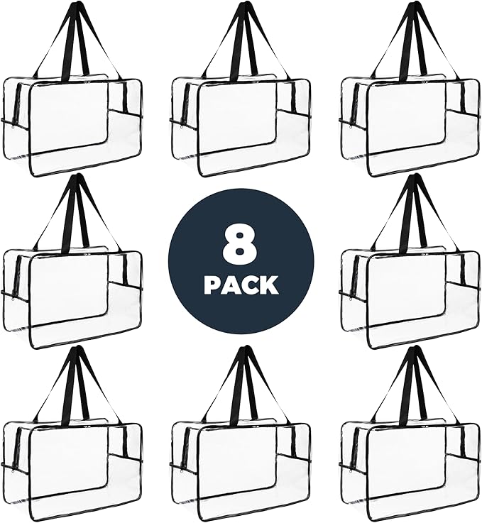 Clear Toy Organizer Bag (8-Pack) 21", Clear Comforter Storage Bags, Large Plastic Storage Organizer for Puzzle, Board Games, Building Blocks, Clothes, Makeup & Toiletry with Zipper/Handle