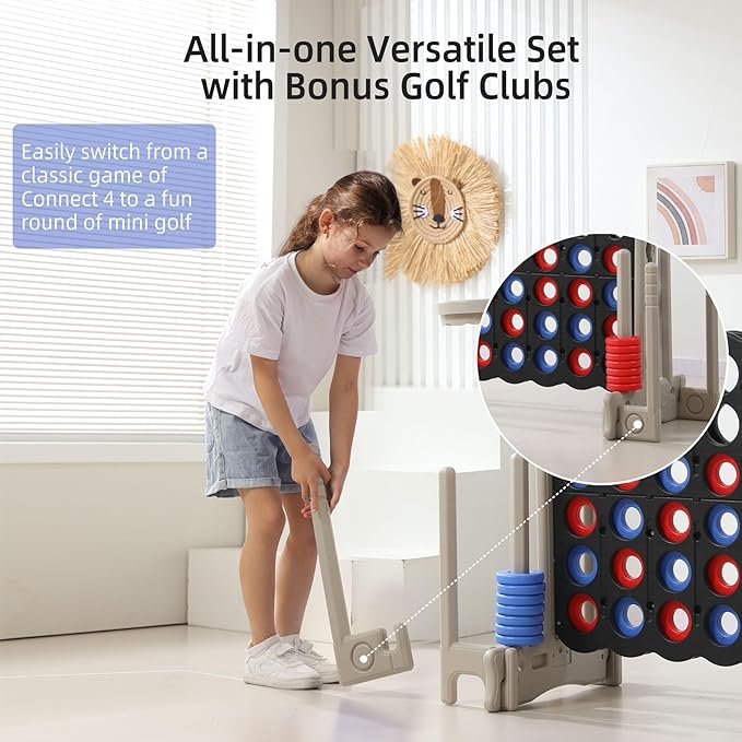 UNICOO® Jumbo 4 in a Row Game | Adjustable Height (2.5-3.5 FT) 4-to-Score Giant Yard Game Set for Kids & Adults w/Build-in Mini Games, Golf Clubs | Indoor/ Outdoor Games for Party & Family Fun