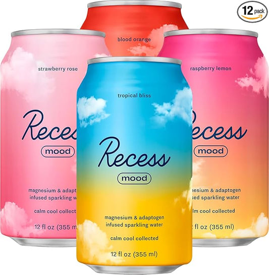 Recess Mood Magnesium & Adaptogen Drink, Relaxation Beverage, 12 Ounce (Paradise Sampler Variety Pack, 12 Pack)