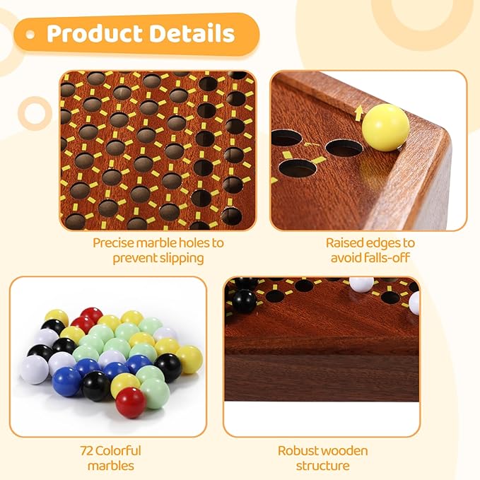 Chinese Checkers Board Game, 100% Natural Quality Wood 12-Inch Chinese Checker Board Game with 72 Marbles & Storage Drawer, Strategic Board Game Kit Birthday Gift